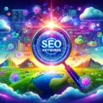 DALL·E 2024-04-18 19.52.41 – Create a vibrant and modern cover image for an article about SEO keywords and artificial intelligence, featuring the text ‘SEO KEYWORDS’ prominently a